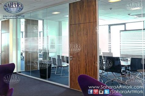 Office Door And Partitions Made From Clear Glass Sandblasted Stripes