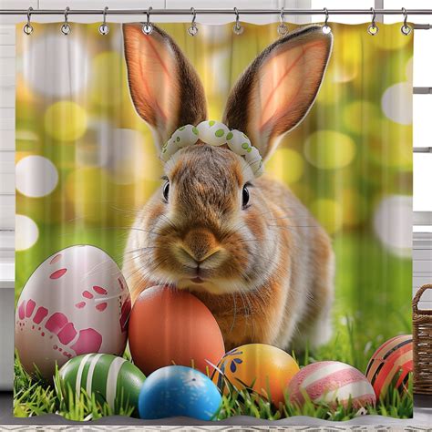 Hyperrealistic Easter Bunny Shower Curtain With Vibrant Eggs And Grass