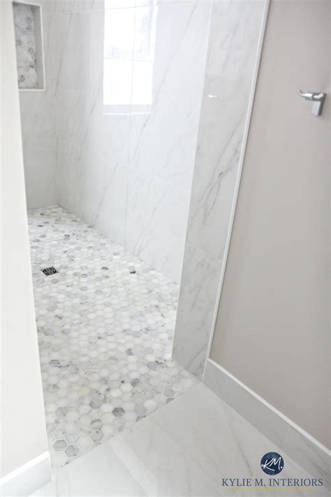 Walk In Shower With Marble Hexagon Tile Floor Marble Walls Baseboard