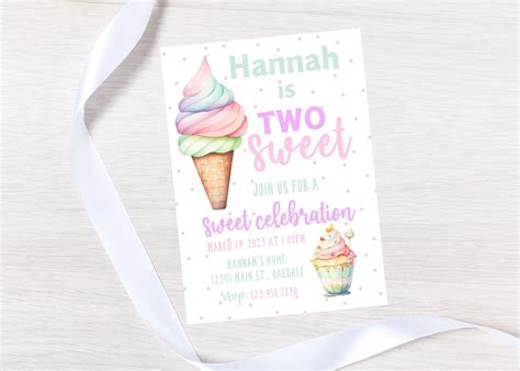 Editable Two Sweet Birthday Invitation Template Ice Cream Birthday