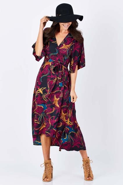 Boho Bird Spellbound Wrap Dress Womens Calf Length Dresses At