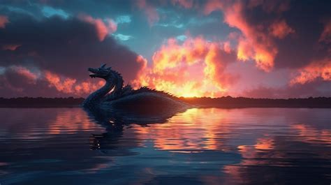 Premium Photo A Dragon Swimming In The Water With A Sunset In The