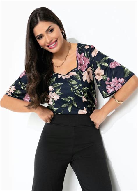 Blusa Floral Marinho Moda Evang Lica Queima De Estoque