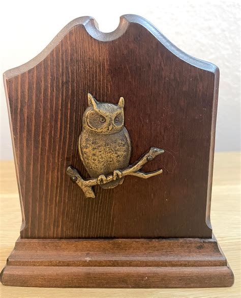 Mid Century Wood And Brass Owl Bookends Vintage Den Decor Home Library 1970s Office Shelf