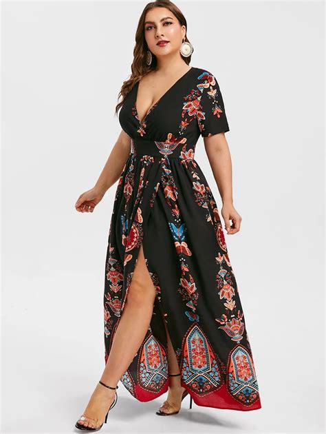 Wipalo Plus Size Bohemian Beach Party Printed Maxi Split Dress Maxi