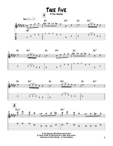 Take Five Solo Guitar Print Sheet Music Now