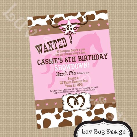 Printable Cowgirl Birthday Party Invite Printable Party Invitation By