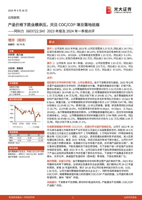 2023年报及2024年一季报点评：产品价格下跌业绩承压，关注coccop项目落地进展