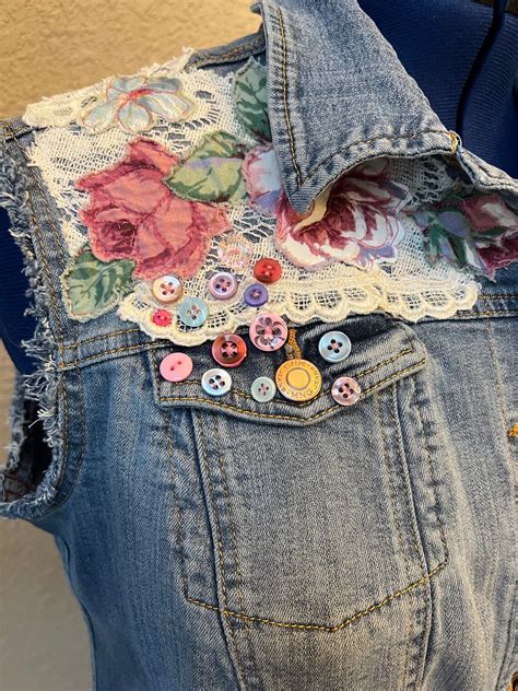 Upcycled Denim Vest Size Large Floral Applique And Lace Boho Shabby