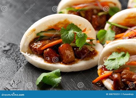 Bao Buns With Pork Belly And Vegetable Asian Cuisine Stock Image Image Of Tradition Board