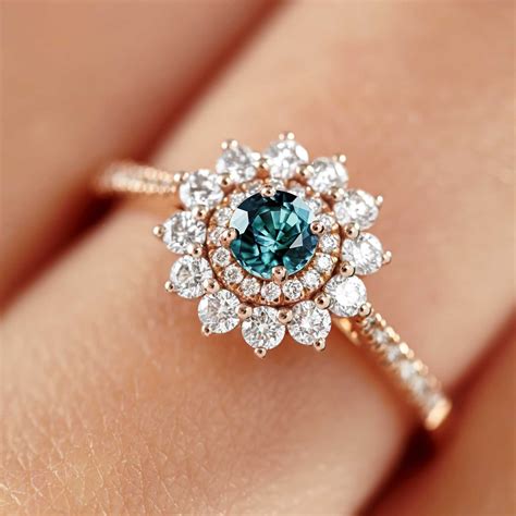 Bague Or Rose Saphir Teal Lefkos Mm Pav E Gemmyo