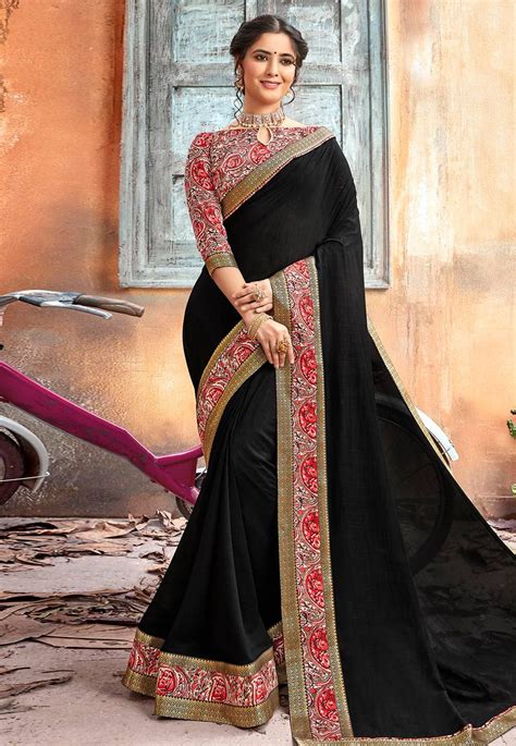 Buy Black Chanderi Silk Festival Wear Saree With Blouse Online