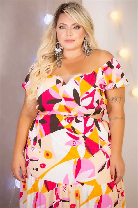 Vestido Plus Size Longo Ombro A Ombro Estampado Vk Moda Plus Size