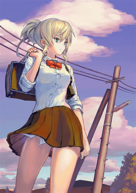 Safebooru 1girl Bag Blonde Hair Blue Eyes Bow Clouds Looking Afar Original Over Shoulder