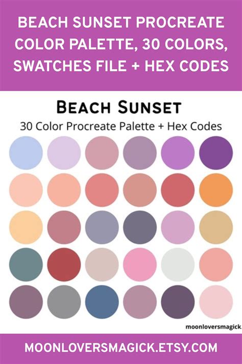 Beach Sunset Procreate Color Palette 30 Colors Swatches File Hex