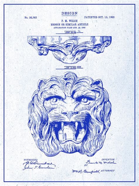 1903 Lion Brooch Patent Print Blueprint Drawing By Greg Edwards Fine