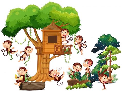 Free Vector Monkeys Playing And Climbing Up The Treehouse