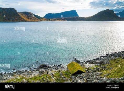 Norway, Lofoten, Vestvagoya, coastal hiking trail from Haukland Beach ...