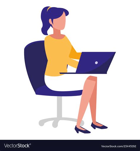 Young Woman Sitting In Office Chair With Laptop Vector Image