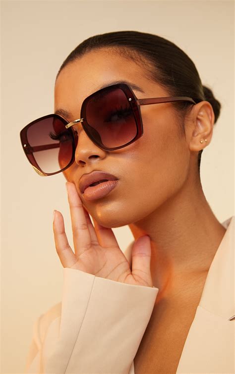 Brown Frameless Hardware Detail Square Sunglasses Accessories Prettylittlething Usa