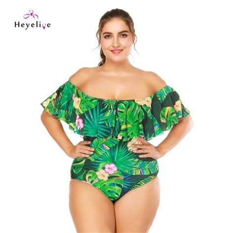 New Print Plus Size Swimsuits Women Shoulder Off One Piece Swimwear