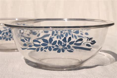 Vintage Pyrex Nesting Mixing Bowls Clear Glass W Blue Flowers Ribbon