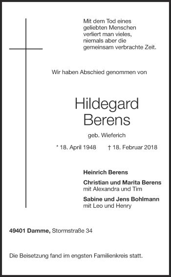 Traueranzeigen Von Hildegard Berens Om Trauer De