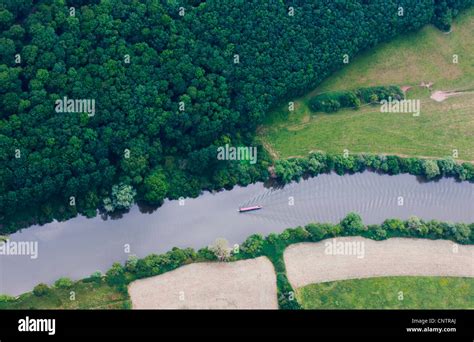 Aerial View Of Boat In Rural River Stock Photo Alamy