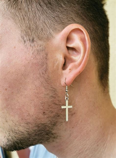 One Cross Earring Silver Cross For Men Unisex Cross Dangle Etsy Uk