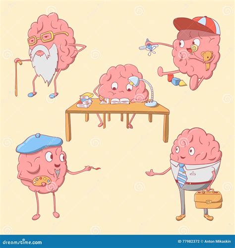 Set Of Cartoon Cute Brain Character Stock Vector Illustration Of