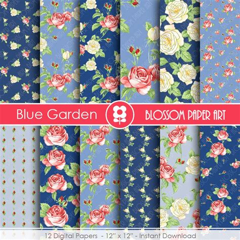 Blue Scrapbook Paper Pack Floral Digital Papers Scrapbook Etsy