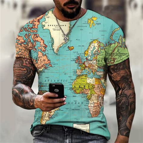 Camiseta De Cuello Redondo Para Hombre Camisa De Manga Corta Con Estampado 3d De Mapa Del Mundo