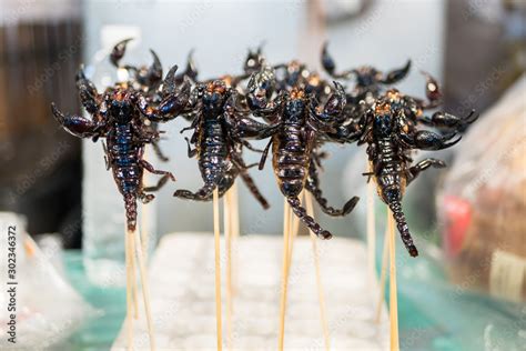 Deep Fried Scorpions Selling At The Bangkok Night Market Fried Insects Is One Of The Famous