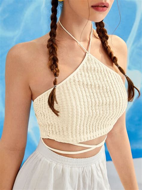 SHEIN WYWH Tassel Tied Backless Halter Crop Top SHEIN USA