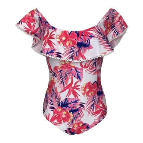 Flounce Swimwear Sexy Women Off Shoulder One Piece Swimsuit Print