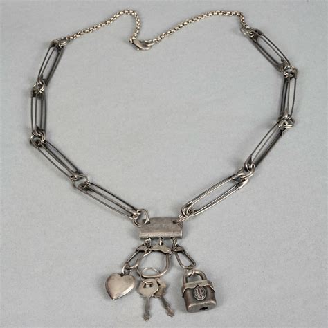 Vintage Jean Paul Gaultier Logo Safety Pin Heart Padlock Keys Necklace