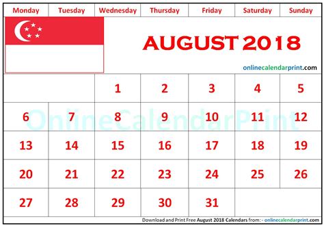 August 2018 Calendar Singapore August Calendar Calendar 2018