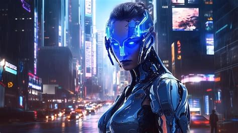 Cyborg Futurista Con Ojos Azules Brillantes Y Extremidades Met Licas De