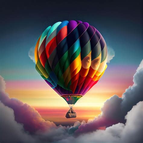 Premium Photo Rainbow Air Balloon Flying At Sunset Generative Ai