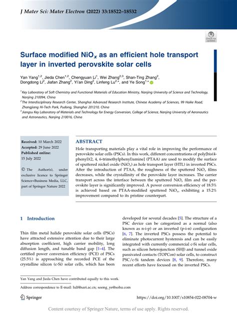 Surface Modified Niox As An Efficient Hole Transport Layer In Inverted