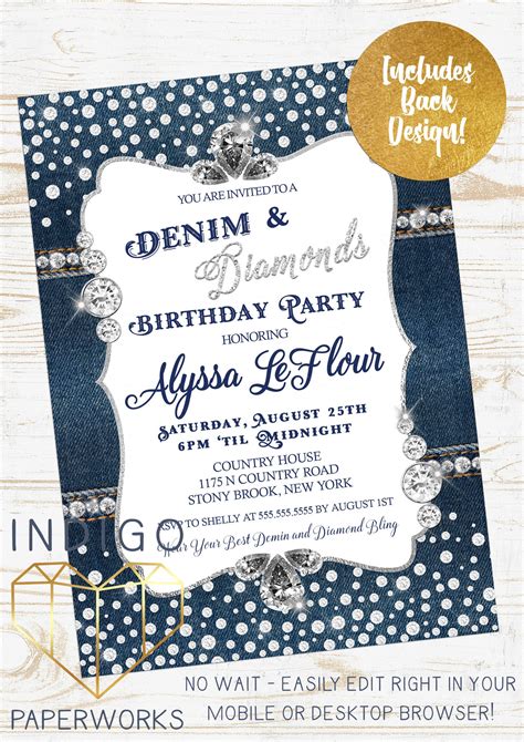 Denim And Diamonds Party Invitation Blue Jeans Bling Birthday