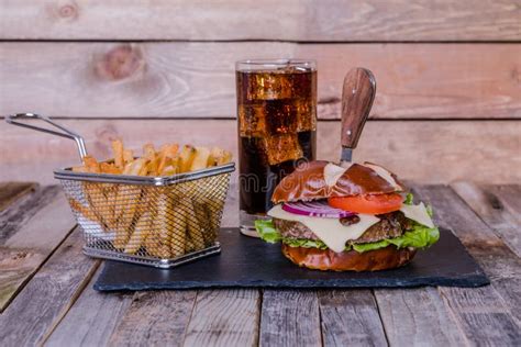 Gourmet Cheeseburger With Fries And Drink Stock Photo - Image of close, calories: 110502626