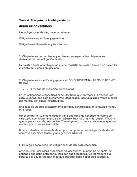 Tema 4 Apuntes 4 Tema 4 El Objeto De La Obligación I GuiÓn De Contenidos Las Obligaciones