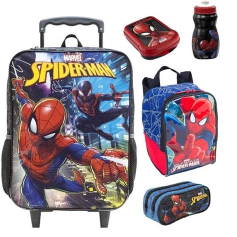 Kit Mochila Rodinhas Carrinho Homem Aranha Escolar Tam G Lancheira