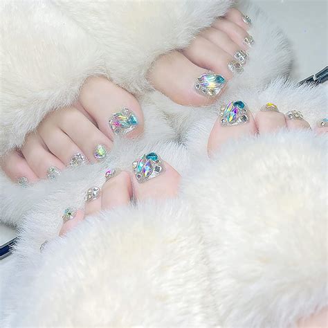 Kkuuoo Square Silver Press On Toenails With Rhinestone Design Short False Toenails For Women