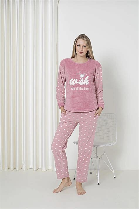 White Heart Patterned Wish Printed Hooded Womens Plush Fleece Pajamas