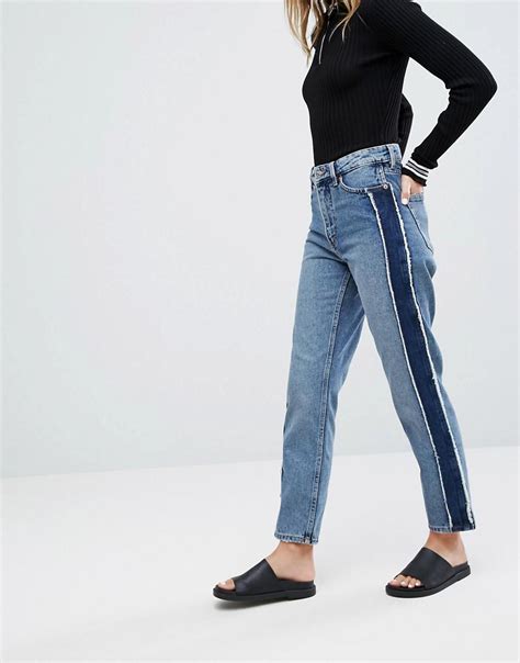 Monki Side Stripe Tapered High Waist Jeans In Blue Lyst Atelier Yuwa