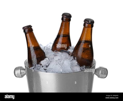 Metal Bucket With Beer And Ice Cubes Isolated On White Stock Photo Alamy