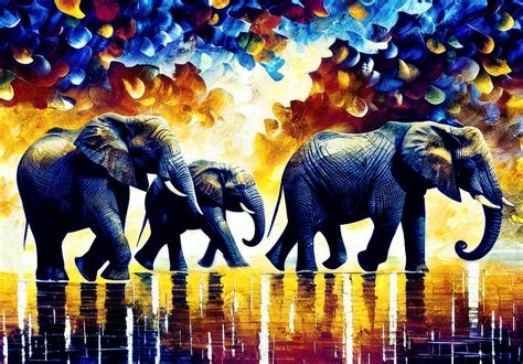 Three elephants walking on a wet surface - colorful digital painting in ...