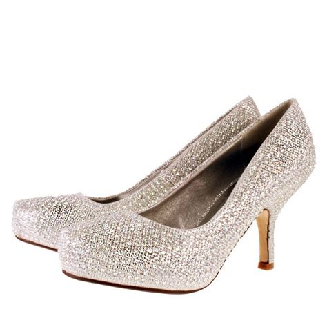 Womens Ladies Diamante Sparkly Kitten Mid Heel Bridal Party Court Shoes